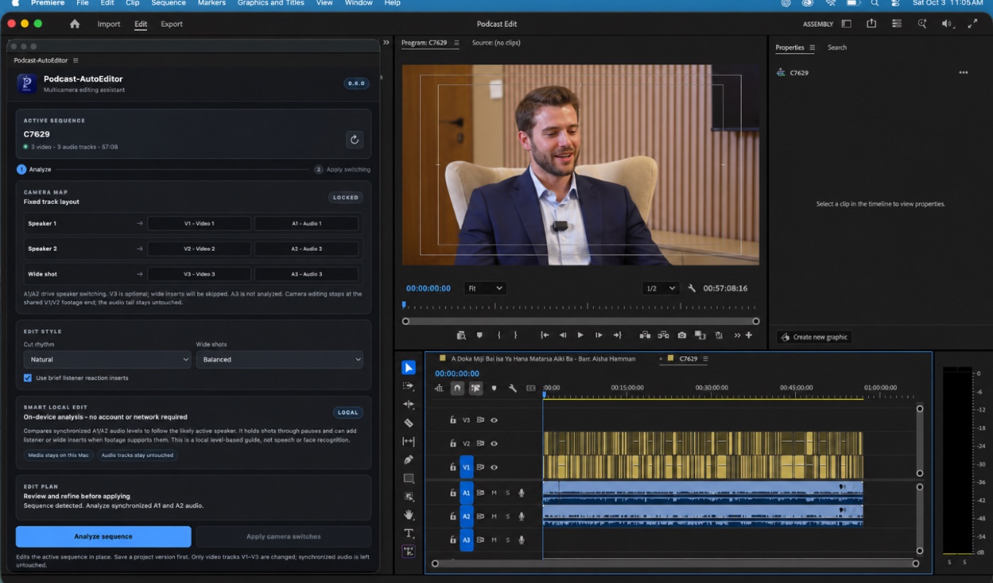 Podcast-AutoEditor panel beside a synchronized multicamera sequence in Adobe Premiere Pro