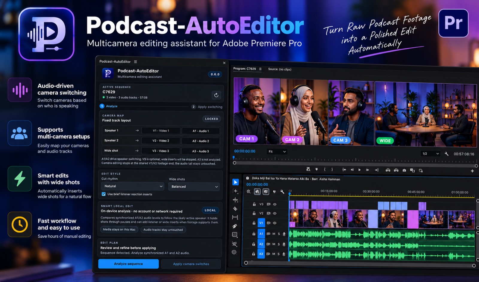 Podcast-AutoEditor’s multicamera editing panel and camera cuts in Premiere Pro